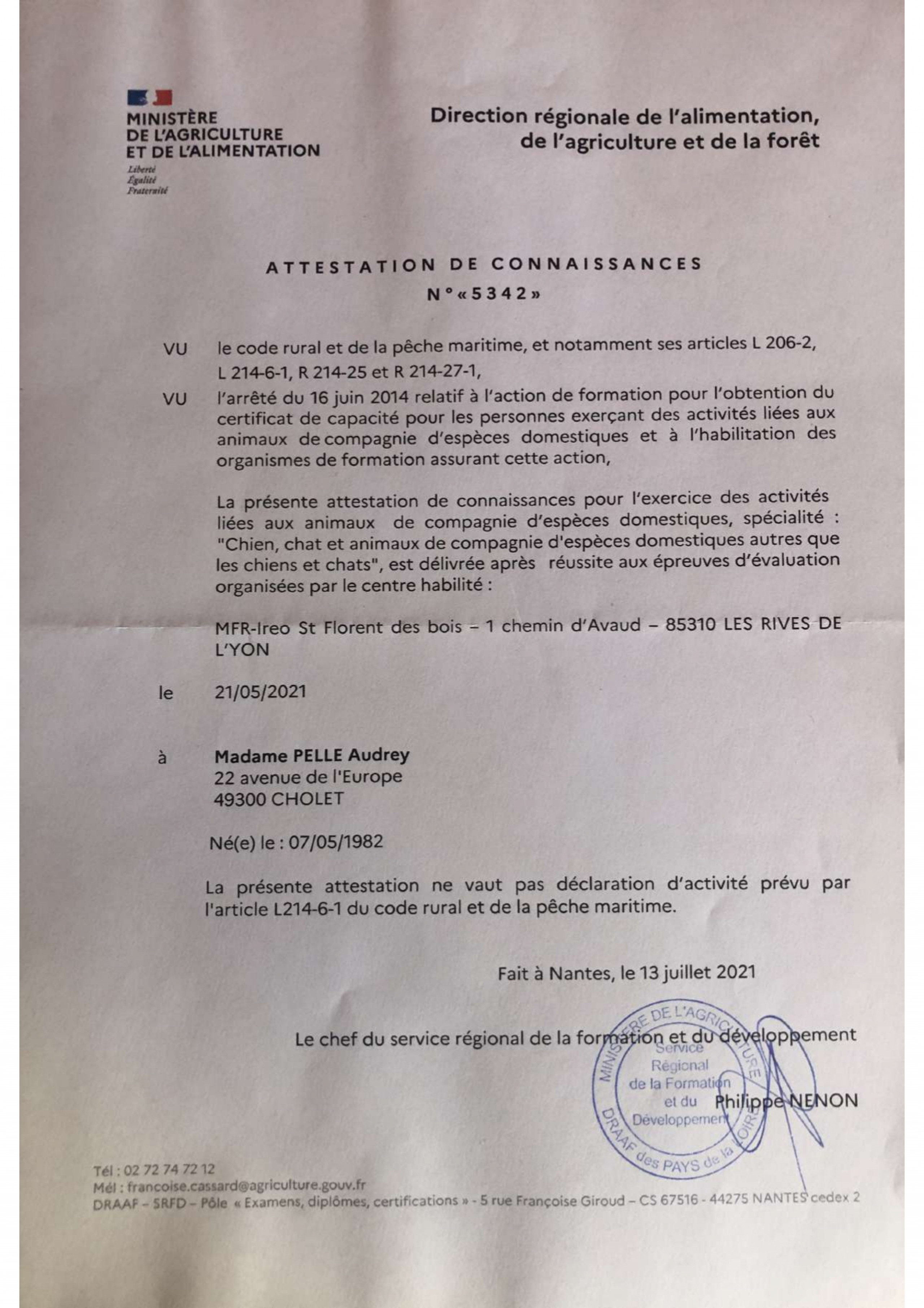 ACACED (Attestation de Connaissances pour les Animaux de Compagnie d’Espèces Domestiques) Chiens, Chats et NACs (Nouveaux Animaux de Compagnie)