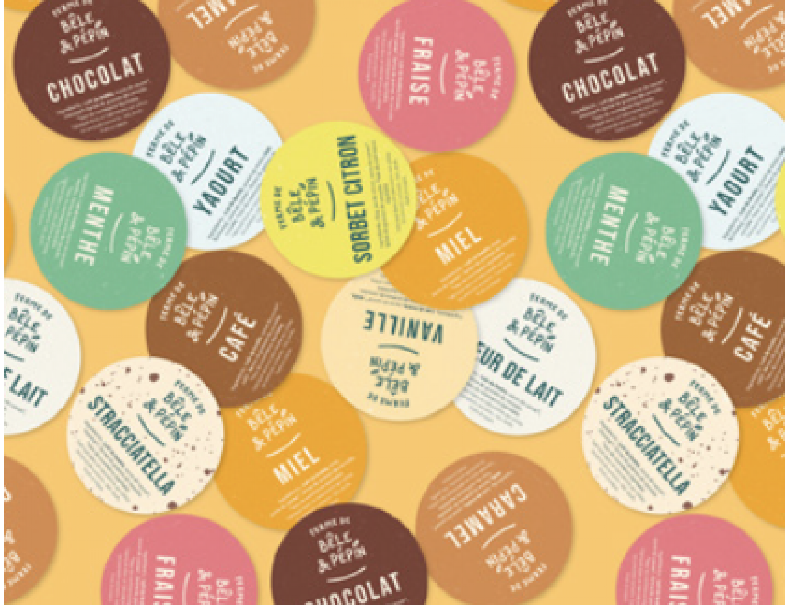 Ferme de Bêle et Pépin : Packaging, étiquettes glaces et sorbets, tour de pots, décor au pastel sec