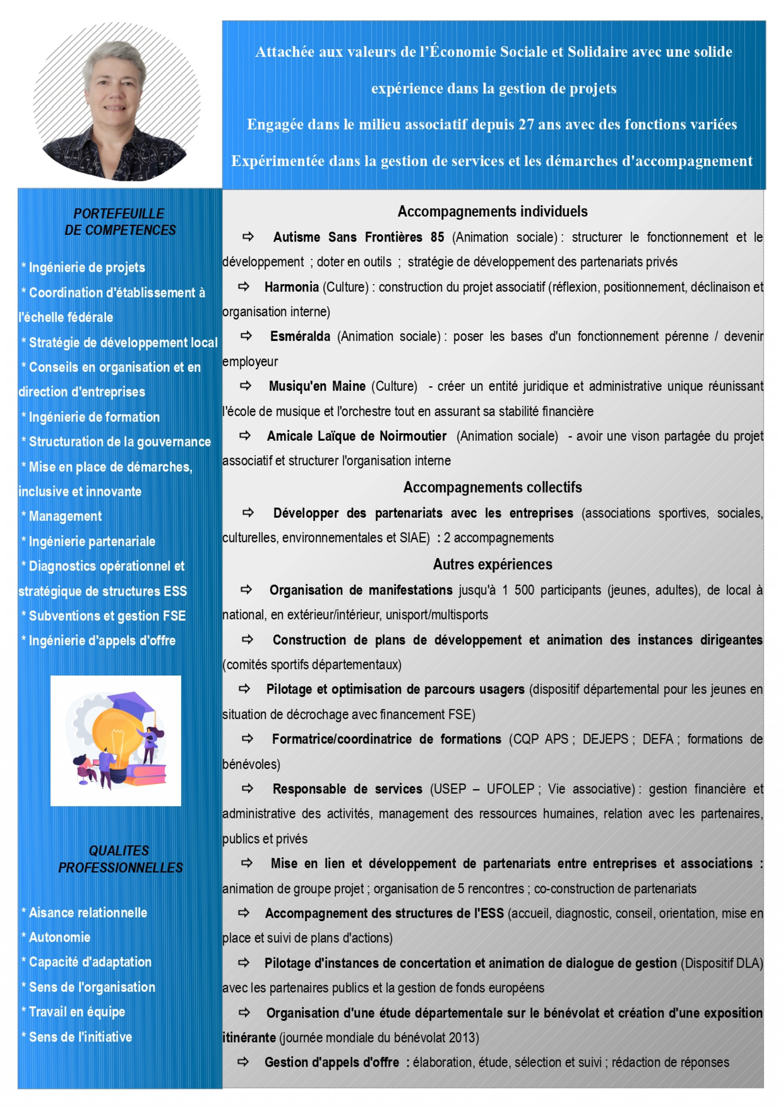 Attachée aux valeurs de l’Économie Sociale et Solidaire avec une solide expérience dans la gestion de projets Engagée dans le milieu associatif avec des fonctions variées Expérimentée dans la gestion de services et les démarches d'accompagnement 