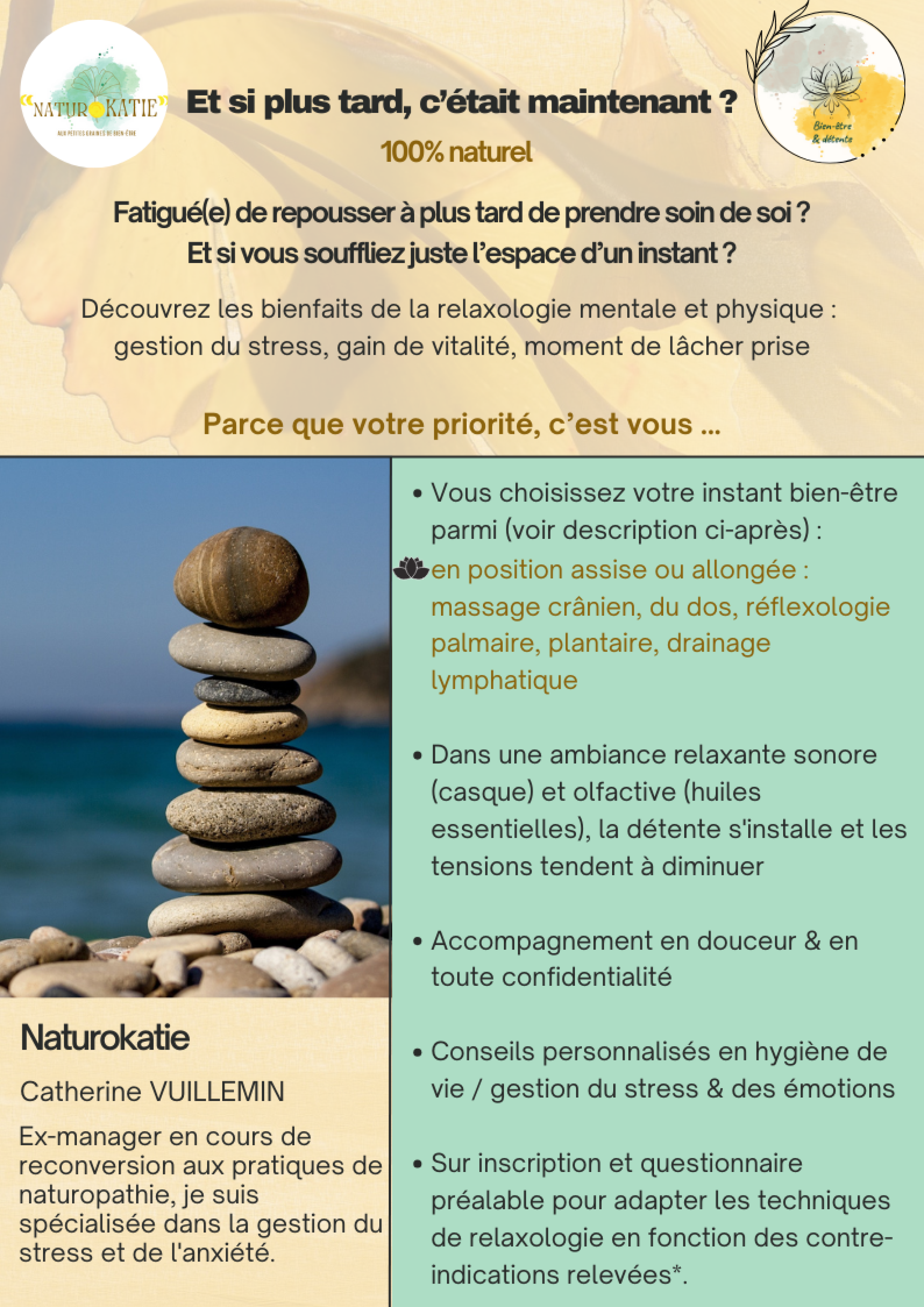 Fatigué(e) de repousser à plus tard de prendre soin de soi ? Et si vous souffliez juste l’espace d’un instant ? offre pour particulier (1)