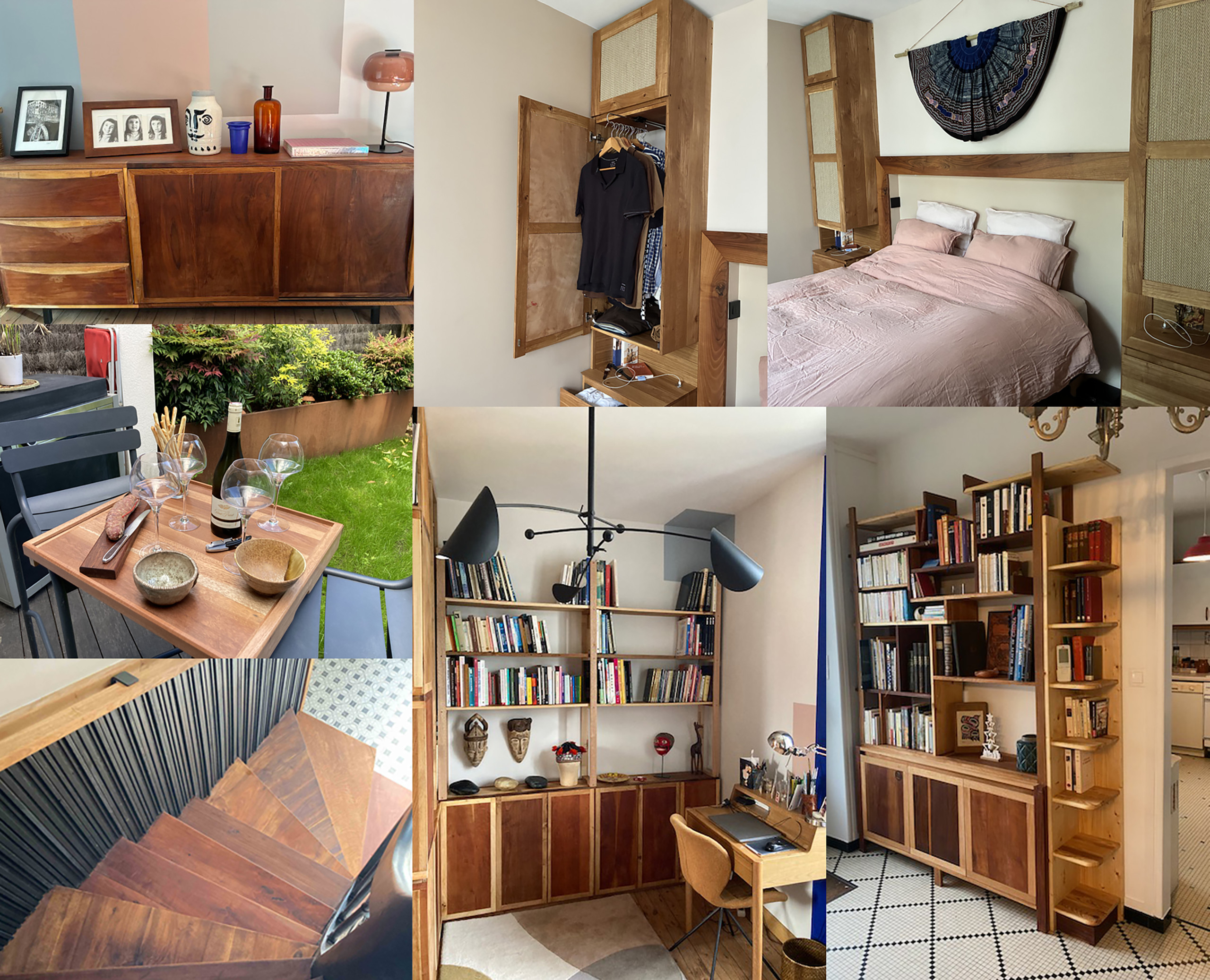 Mobiliers et agencement sur mesure en bois massif de ré-emploi issus de vieux meuble de famille. Dressing-buffet-Bibliothèque en bois massif de ré-emploi