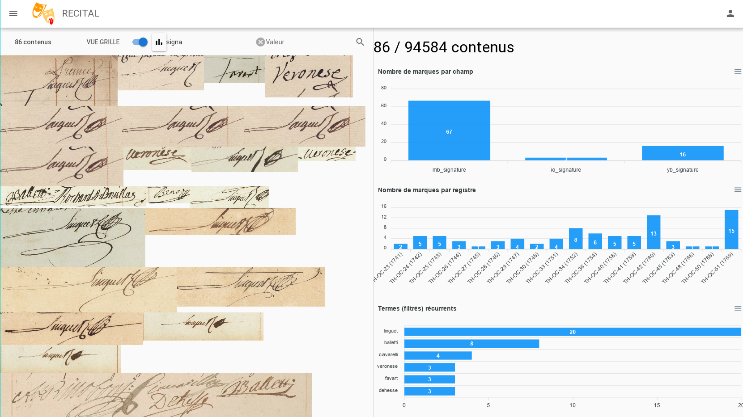 Tableau de bord de RECITAL
