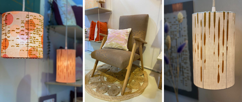 Créations sur-mesure : abat-jour et fauteuil ancien retapissé